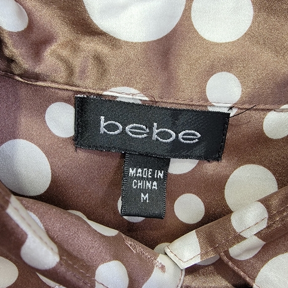 BEBE Silk Blouse Brown Cream Polka Dot Pattern Button Peplum Flared Cuff Size M - Picture 8 of 12